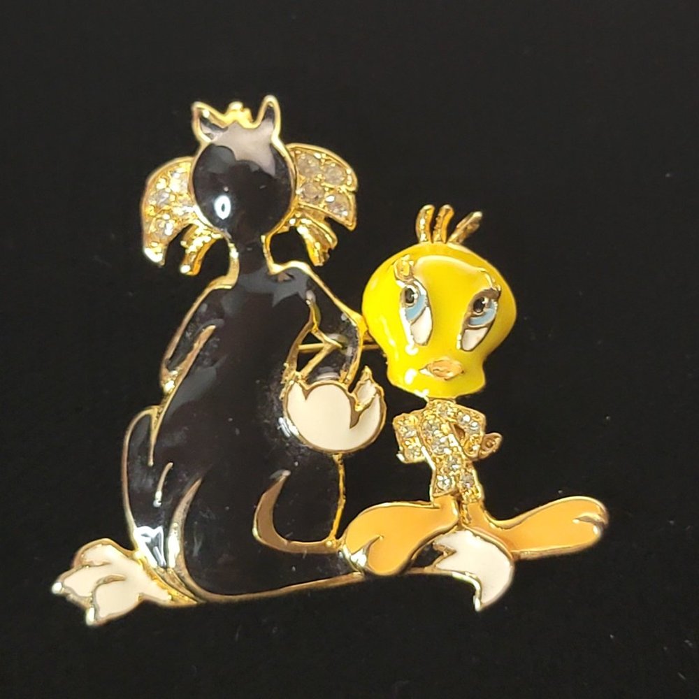 Looney Tunes Sylvester and Tweety Brooch Enameled Rhinestones Pin Warner Bros.